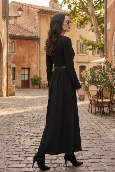 çatı moda Şık ve Rahat Tokalı Siyah Elbise