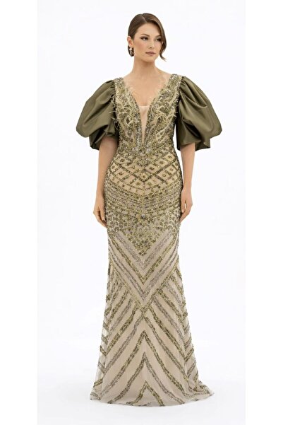 STARLİFE KADIN ABİYE KABARIK KOLLU BALIK MODEL TAŞ İŞLEMELİ DAVET ELBİSESİ