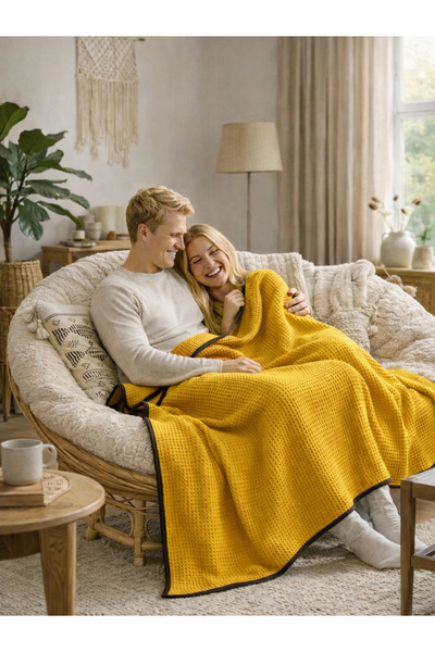 NDC HOME شال/بطانية تلفزيونية متعددة الأغراض منسوجة بنمط الوافل - أصفر