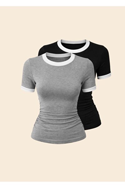 EVOA Women's 2-Piece Crew Neck Garni Detailed Draped Blouse & Bodysuit