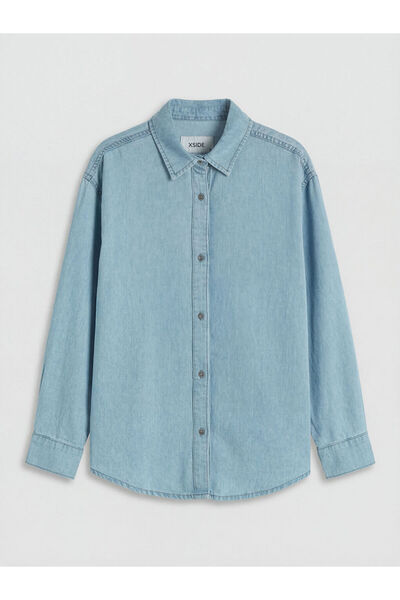 LC Waikiki Μπλε Oversize Γυναικείο Τζιν Πουκάμισο από το GiyÇIk Store