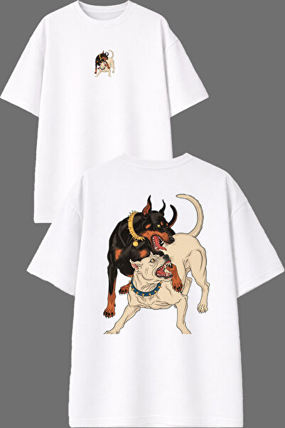 VSRN Pitbull Doberman Design Front and Back Printed White Oversize T-Shirt