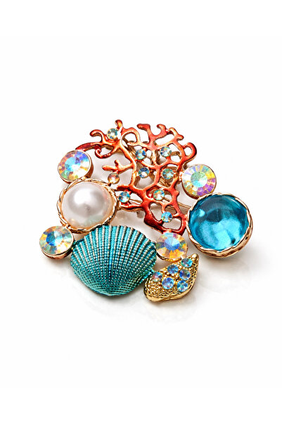 Hugs and Gifts Deniz Temalı Taşlı Broş – Midye Mercan İnci Detaylı Renkli Vin...