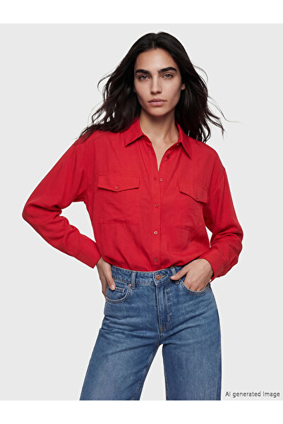 LC Waikiki Κόκκινο γυναικείο πουκάμισο Oversize από μείγμα Modal