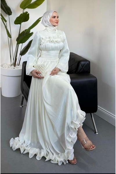 GÜZELLER Eteği ve Göğsü Fırfırlı Jan Jan Kumaş Söz İsteme Nişan Nikah Elbises...