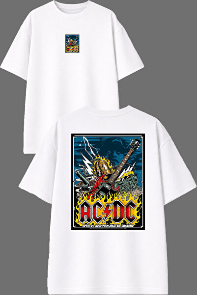 VSRN Acdc Poster Design Front and Back Printed White Oversize T-Shirt