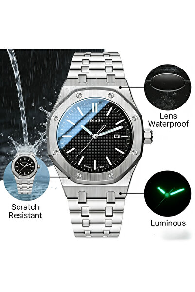 AIMANA Men’s Popular Wristwatch Royal Oak Style, Black Textured Dial, Steel C...