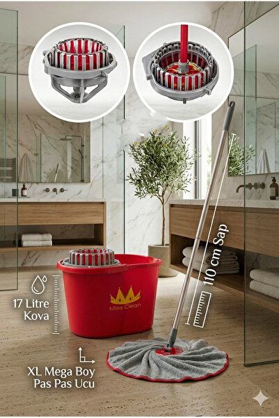 MissClean Pratik Döner Başlıklı Mop Seti Yüksek Su Kapasiteli 17 Litre Kırmız...