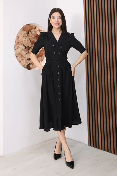 lodmela Νοσοκομειακό φόρεμα με λεπτομέρειες στα κουμπιά 6059-Μαύρο