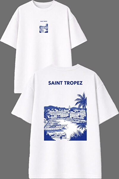 VSRN تي شيرت أبيض كبير الحجم بتصميم سانت تروبيز مطبوع من الأمام والخلف