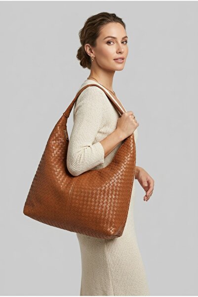 MRS.MODA Women's Tan Color Knitted Patterned Women's Shoulder Bag Large Size ...