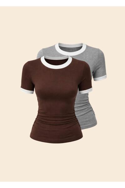 EVOA Women's 2-Piece Crew Neck Garni Detailed Draped Blouse & Bodysuit