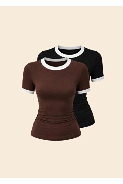 EVOA Women's 2-Piece Crew Neck Garni Detailed Draped Blouse & Bodysuit