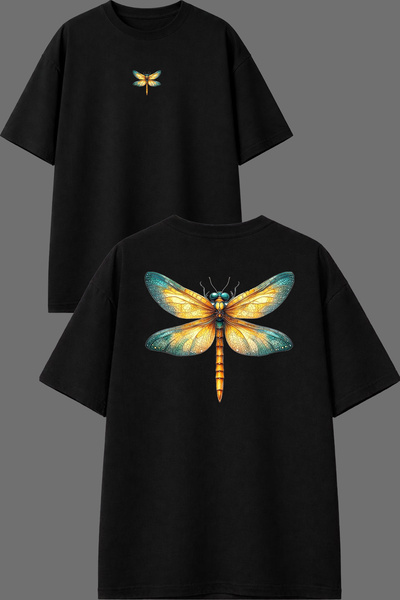 VSRN تي شيرت أسود كبير الحجم بتصميم مطبوع من الأمام والخلف على شكل ناموس