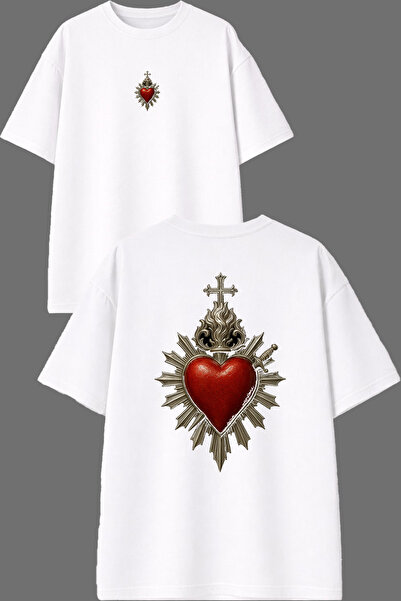 VSRN Tricou oversize alb cu imprimeu Heart Sword Design pe față și spate