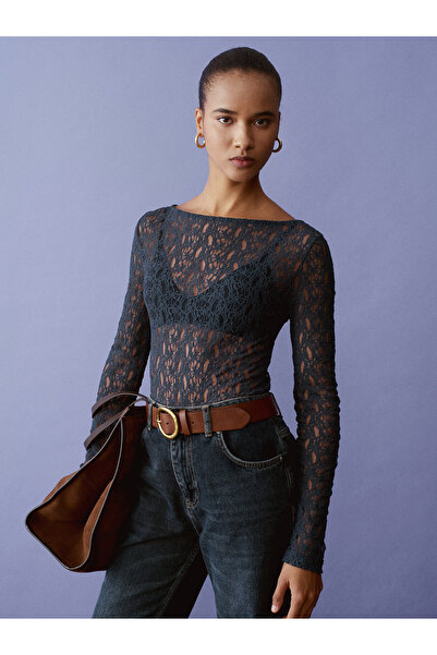 Dilvin 32763 Δαντέλα με λαιμόκοψη Kayık Top-Indigo