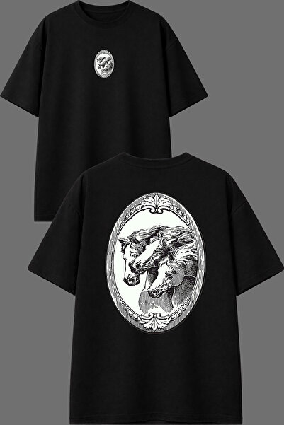 VSRN تي شيرت أسود كبير الحجم بتصميم طاولة الخيول مطبوع من الأمام والخلف