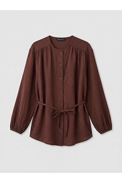 LC Waikiki Brown Hakim Collar Belted Women's Shirt Tunic