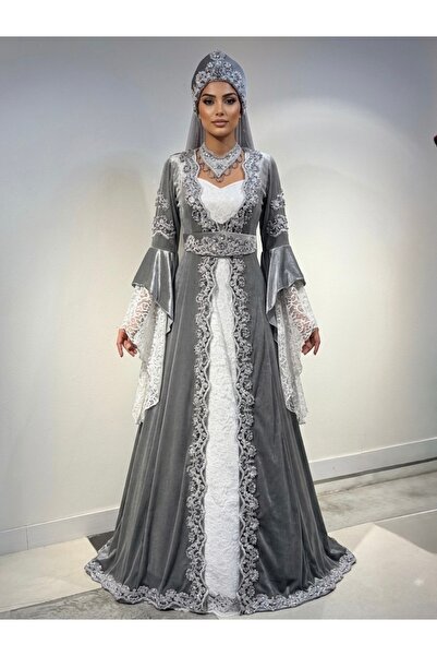 atölyekaftanbutik Gri kadife kaftan bindallı 6 parça tam takım
