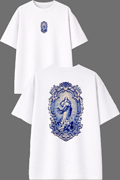 VSRN تي شيرت نسائي ذو تصميم إطاري مطبوع من الأمام والخلف باللون الأبيض مقاس كبير