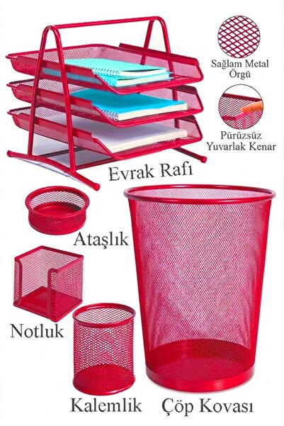 Artlantis Kırmızı Metal Evrak Rafı 3 lü Masaüstü Kalemlik 3 lü ve Fileli Çöp ...