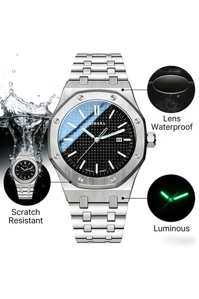 AIMANA Royal Oak Style Men’s Steel Watch | Black Textured Dial, Date Display