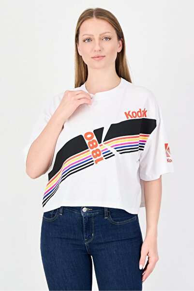 Undiz x Kodak Women Crew Neck Short Sleeve Graphic Print Crop T-Shirt, White