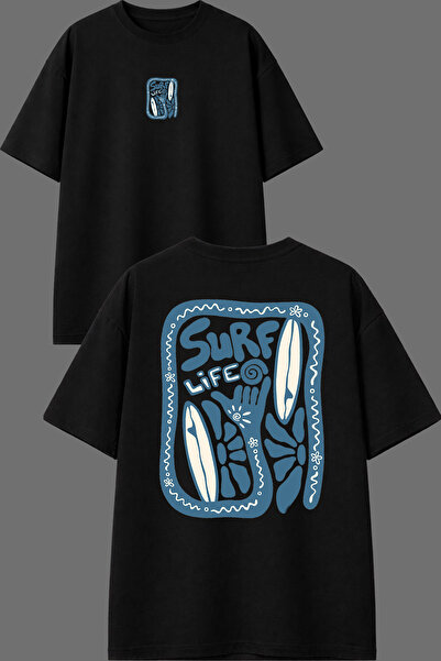 VSRN تي شيرت أسود كبير الحجم بتصميم Surf Life مطبوع من الأمام والخلف