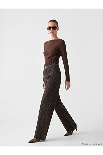 LC Waikiki Καφέ γυναικείο τζιν παντελόνι με φαρδιά μπατζάκια και λεοπάρ σχέδιο