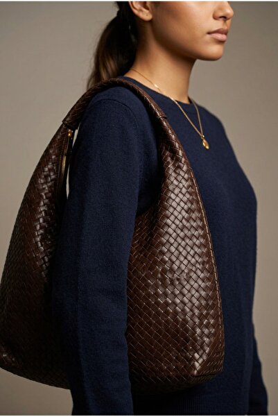 MRS.MODA Women's Brown Knitted Patterned Women's Shoulder Bag Large Size Styl...