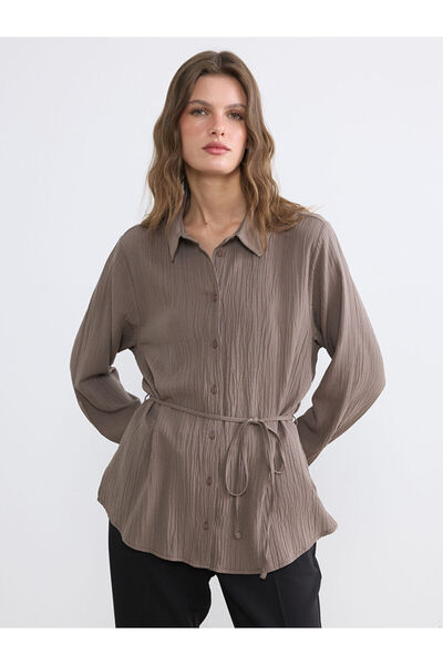 LC Waikiki Brown Belted Women's Seersucker Shirt
