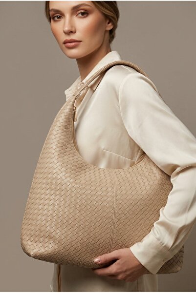 MRS.MODA Women's Mink Color Knitted Patterned Women's Shoulder Bag Large Size...