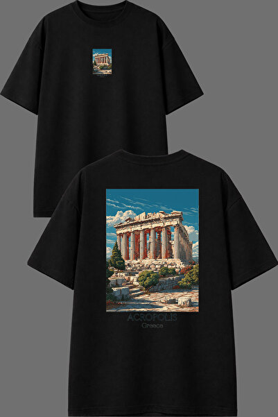 VSRN تي شيرت أكروبوليس اليونان بتصميم مطبوع من الأمام والخلف باللون الأسود مق...