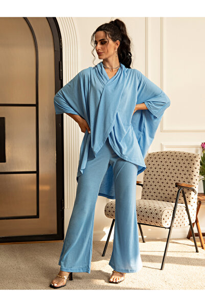 FridayIn بدلة أنيقة بتصميم متقاطع وياقة على شكل V بلون واحد وأكمام عادية