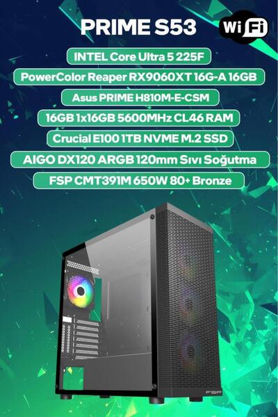 Game Garaj Prime S53 Intel Ultra 5 225F 16GB RAM 1TB SSD RX9060XT 16GB 120mm ...