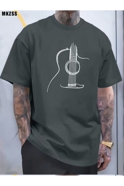 WOODROFFE Men's Guitar Patterned Oversize T-Shirt Loose Fit
