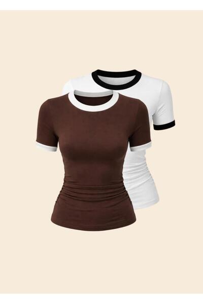 EVOA Women's 2-Piece Crew Neck Garni Detailed Draped Blouse & Bodysuit