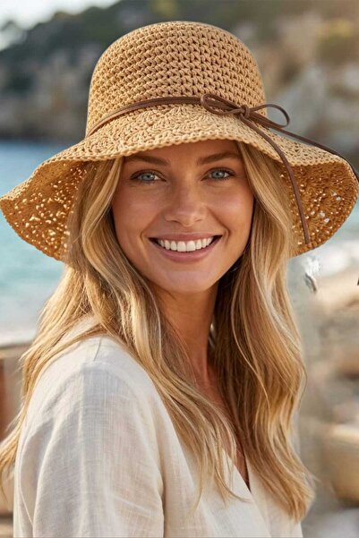 Uniquetrenders قبعة نسائية صيفية من القش بتصميم شبكي وحافة واسعة، قبعة شاطئ ب...