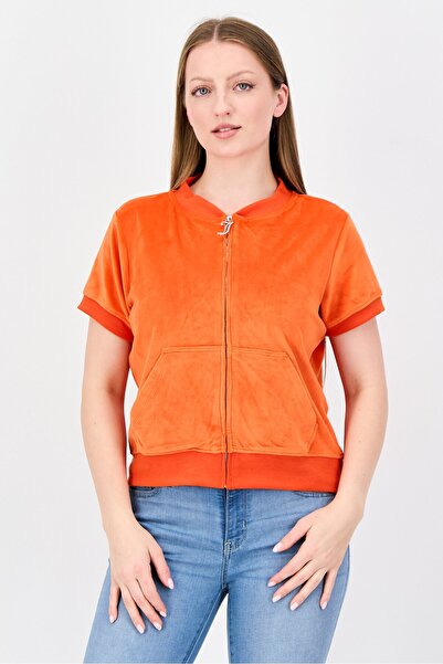 Juicy Couture بلوزة نسائية بياقة بيسبول بأكمام قصيرة مزينة بسحاب كامل، برتقالي
