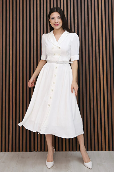 lodmela Nursel Ergin Düğme Detaylı Elbise 6059-Beyaz