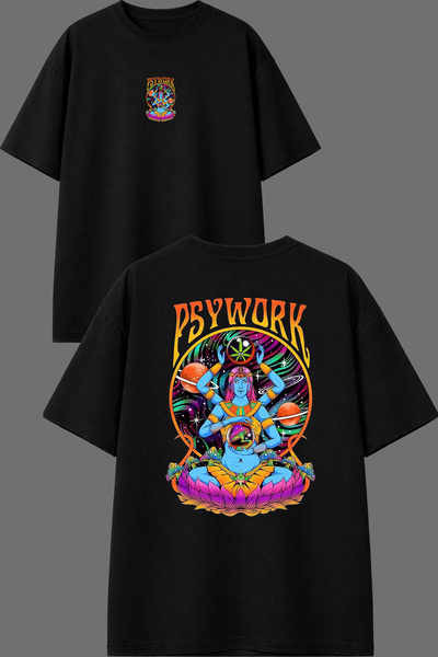 VSRN Tricou oversize negru cu imprimeu Psywork Design față și spate