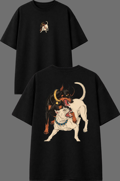 VSRN Pitbul Doberman Design Front and Back Printed Black Oversize t Shirt