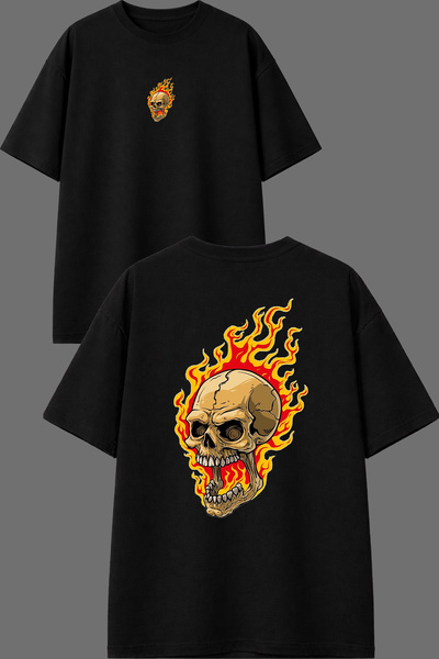 VSRN Μπλουζάκι με σχέδιο Flame Skeleton, με στάμπα μπροστά και πίσω, μαύρο, o...