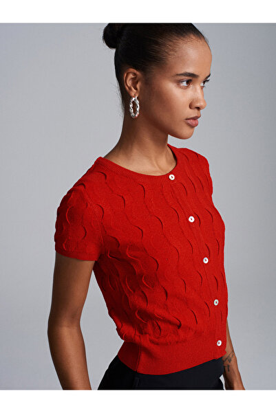 Dilvin 60980 Crew Neck Textured Knitwear Cardigan-Red