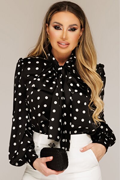 Atmosphere Fashion Elegant black blouse with large white polka dots,2XL