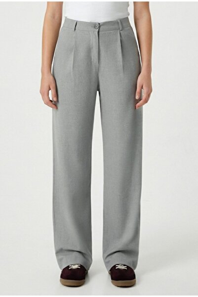 Ritnice Women's Cedric Polyviscon Buttoned Gray Woven Trousers with Elastic Back