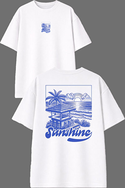 VSRN تي شيرت أبيض كبير الحجم مطبوع من الأمام والخلف من تصميم Sunshine