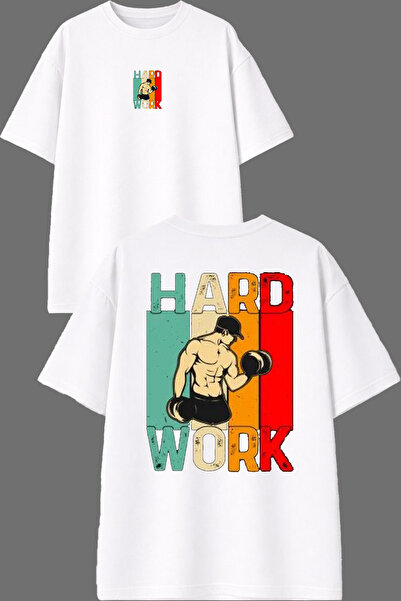 VSRN Tricou oversize alb cu imprimeu față și spate Hard Work Gym Design