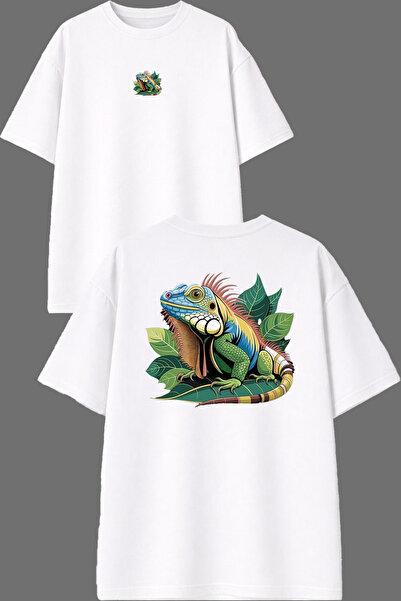 VSRN Chameleon Colorful Design Front and Back Printed White Oversize T-Shirt