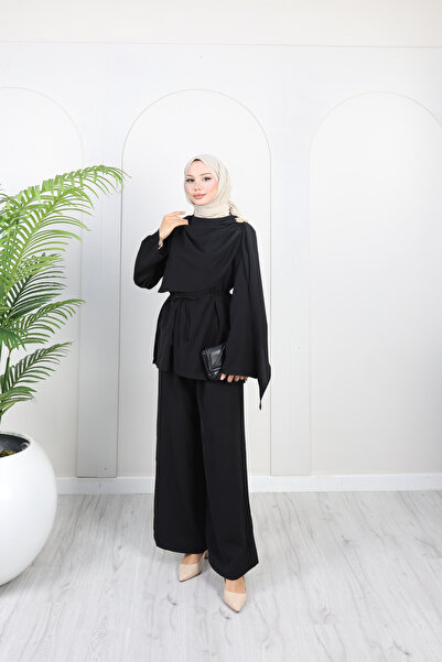 Moda Misali طقم بنطلون نسائي أنيق مع حزام وأكمام طويلة مكون من قطعتين مع تفاص...